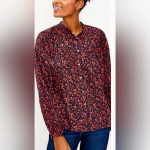 LOFT Navy with Orange Floral Button-Up Top